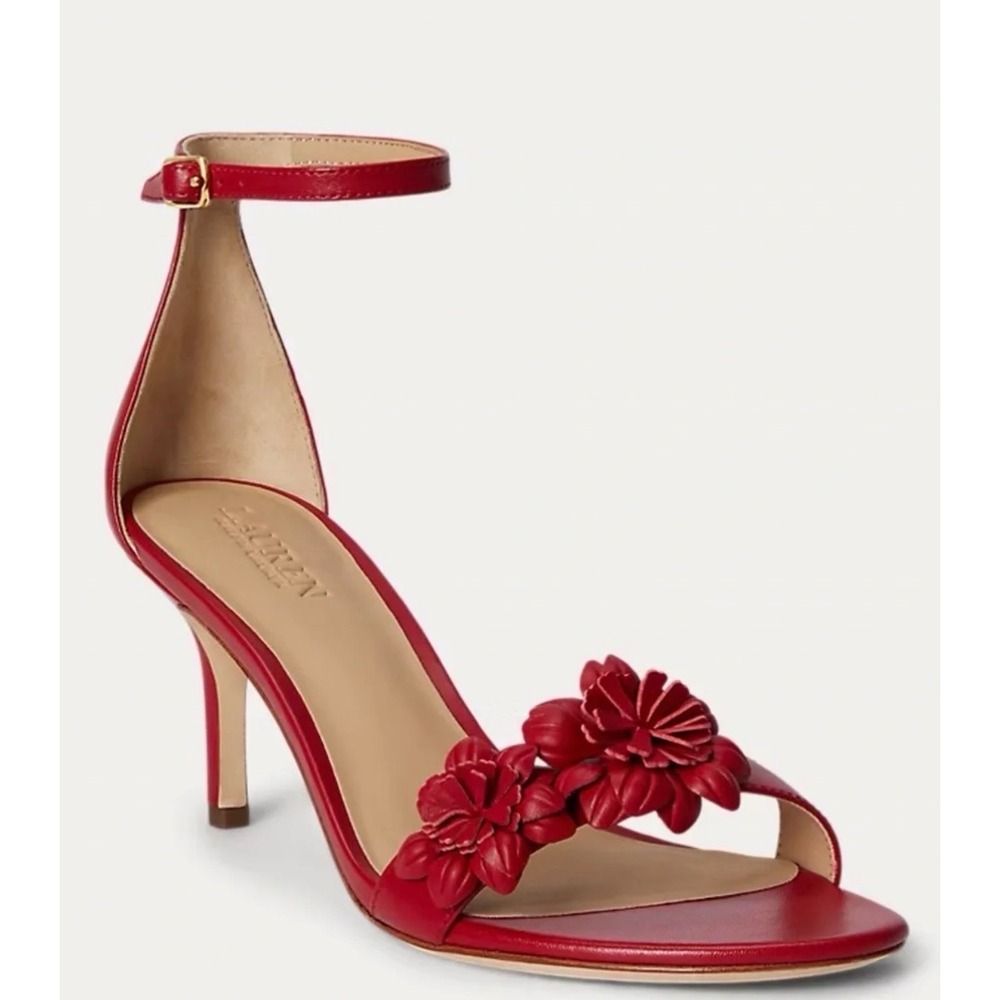 Lauren Ralph Lauren Red Leather Floral Applique Ankle Strap Heeled Sandals 7B